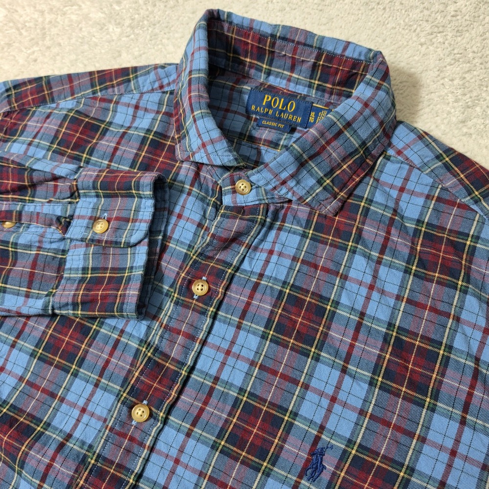 Polo Ralph Lauren Button Down‎ Mens XL Blue Plaid L/S Classic Fit Shirt